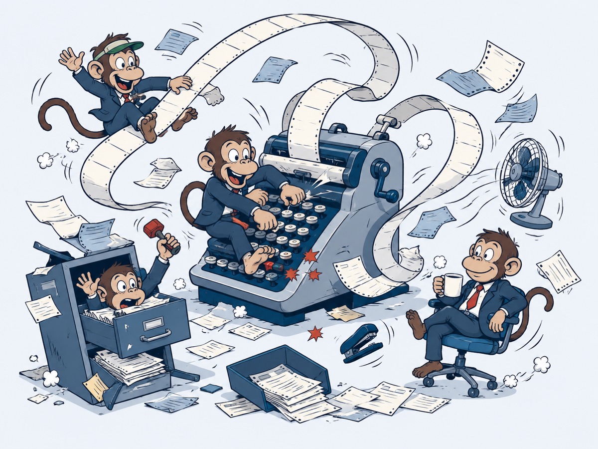 Cartoon: monkeys in business suits losing control of an adding machine and a blizzard of claim forms